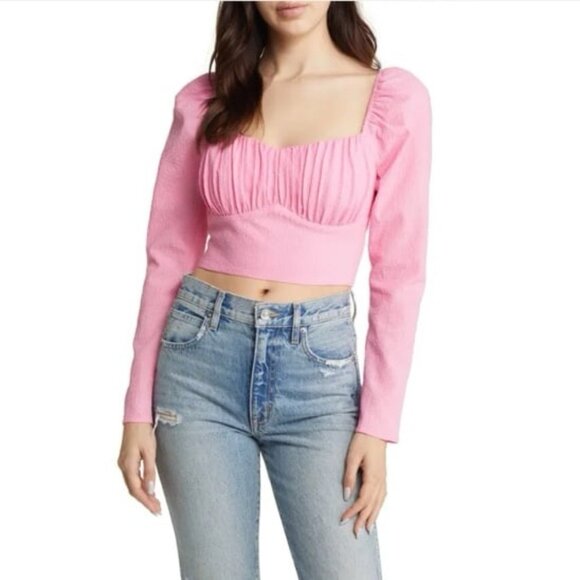 ASTR THE LABELLong Sleeve Sweetheart Neck Crop Top - Pink - Picture 1 of 5
